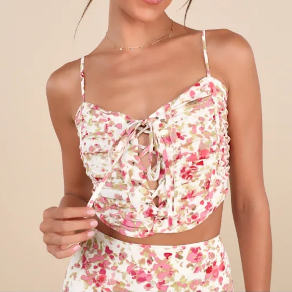 Lulu's Mastered Elegance Ivory Multi Abstract Print Crop Top